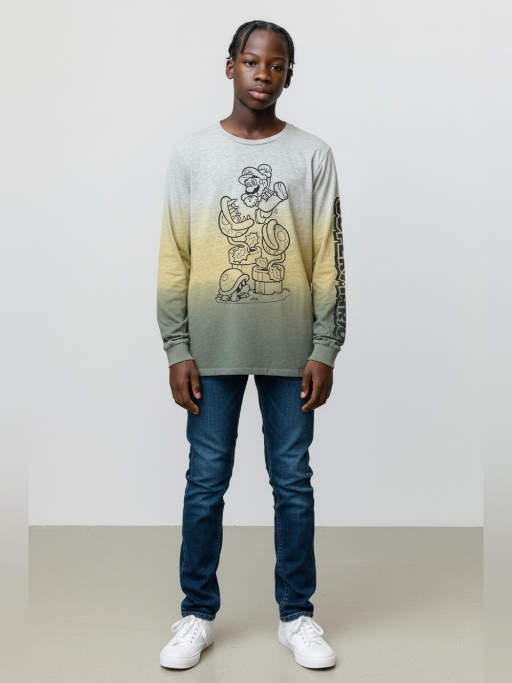 Boys Super Mario Nintendo Ombre Long Sleeve T Shirt NWT XL 18/20